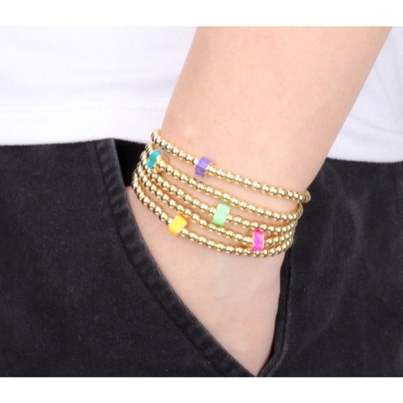 Gold plated beaded and color enamel bead stretch bracelet - Picture 2 of 15